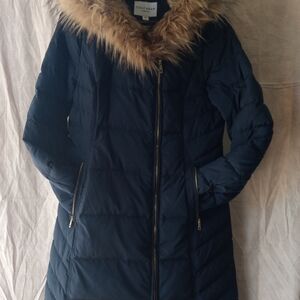 Cole Haan Women's Navy Puffer Coat with Faux Fur Trim